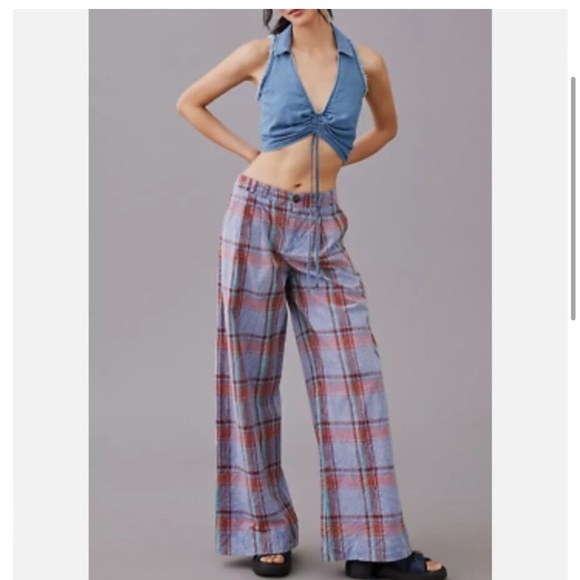 Anthropologie Pants - By Anthropologie - Plaid Wide Leg Pants Blue Burgundy